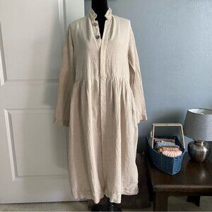 Metta Melbourne Smocked 100% Linen Button Down Shirt Dress Sand Beige One Size